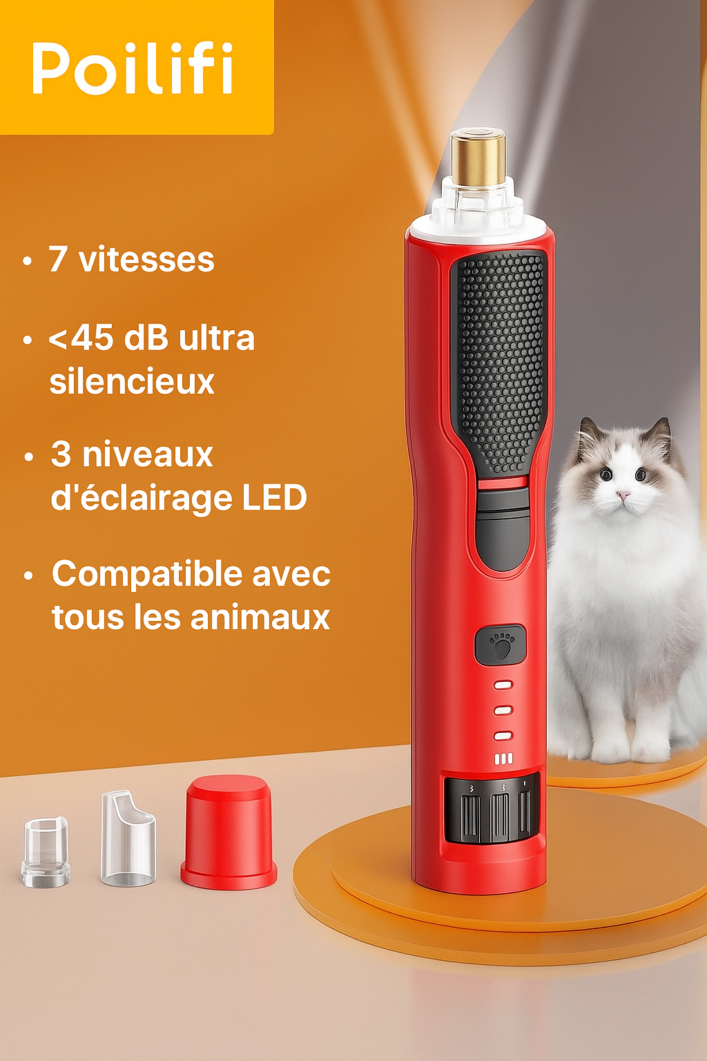 Coupe Griffe électronique pour animaux de compagnie, Rechargeable, toilettage des pattes de chien, coupe-ongles, lumière LED, 7 vitesses réglables, griffe de chat